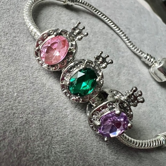 Silver Crown Charm Bracelet Princess Gemstone Pink Green Purple - Picture 4 of 12